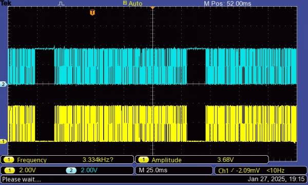 Oscilloscope output from Pin 3 and pin 2 of the PMT db9 harness with lamps on Oscilloscope output from Pin 3 and pin 2 of the PMT db9 harness with lamps on